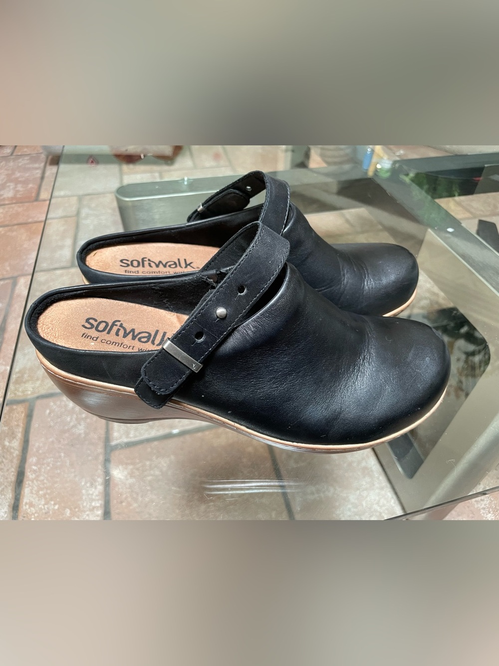 SoftWalk Black Leather Slingback Clog with Adjustable Strap